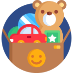 Circular image of a box of toys. The box includes a brown teddy bear, blue and while stripe ball, red car with yellow wheels and a green book with a white star on the cover. The box also has a yellow smiley face on the front. The background colour of the circle is  dark blue.